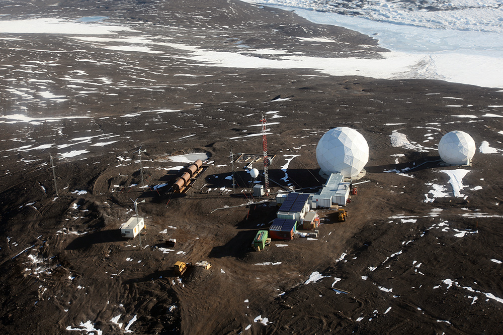An aerial shot of the Black Island Earth Station